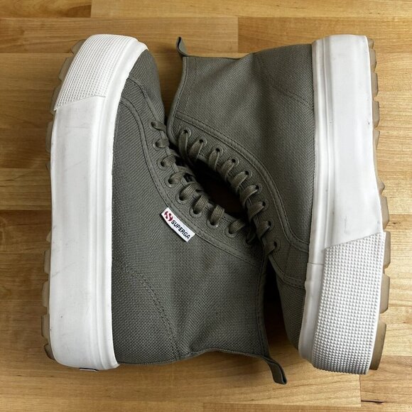 Superga 2708 High Top Tank Sneakers Platform Shoes Green Canvas Womens 9 Men 7.5 - Picture 6 of 9